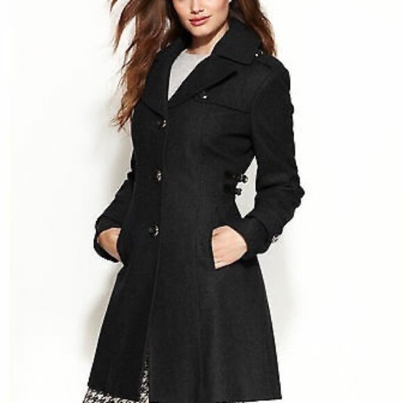 Kenneth Cole New York Black Wool Blend Side Buckle Coat Size 6 - Picture 1 of 7